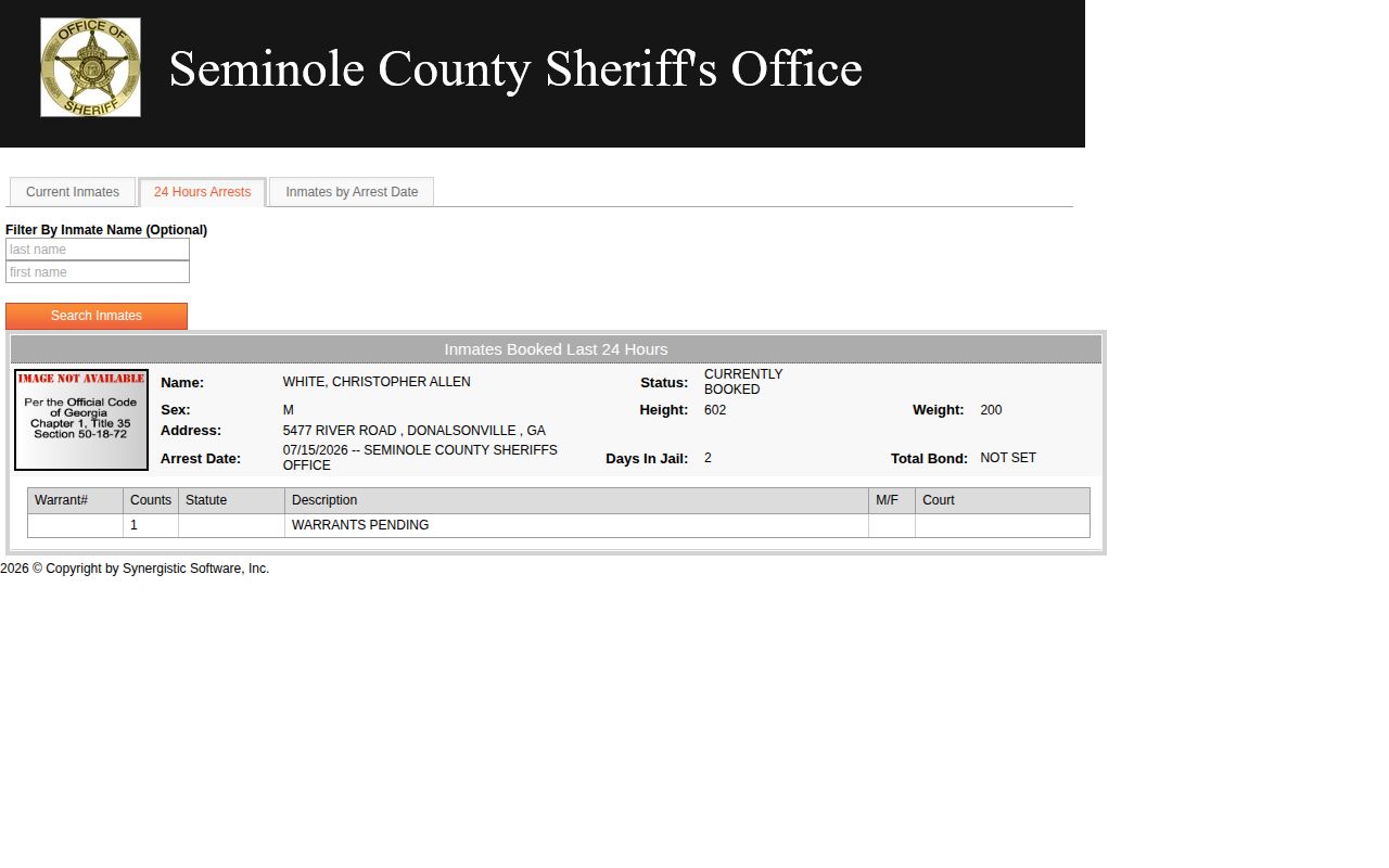 Seminole County 24-hour booking view, which is not a release list
