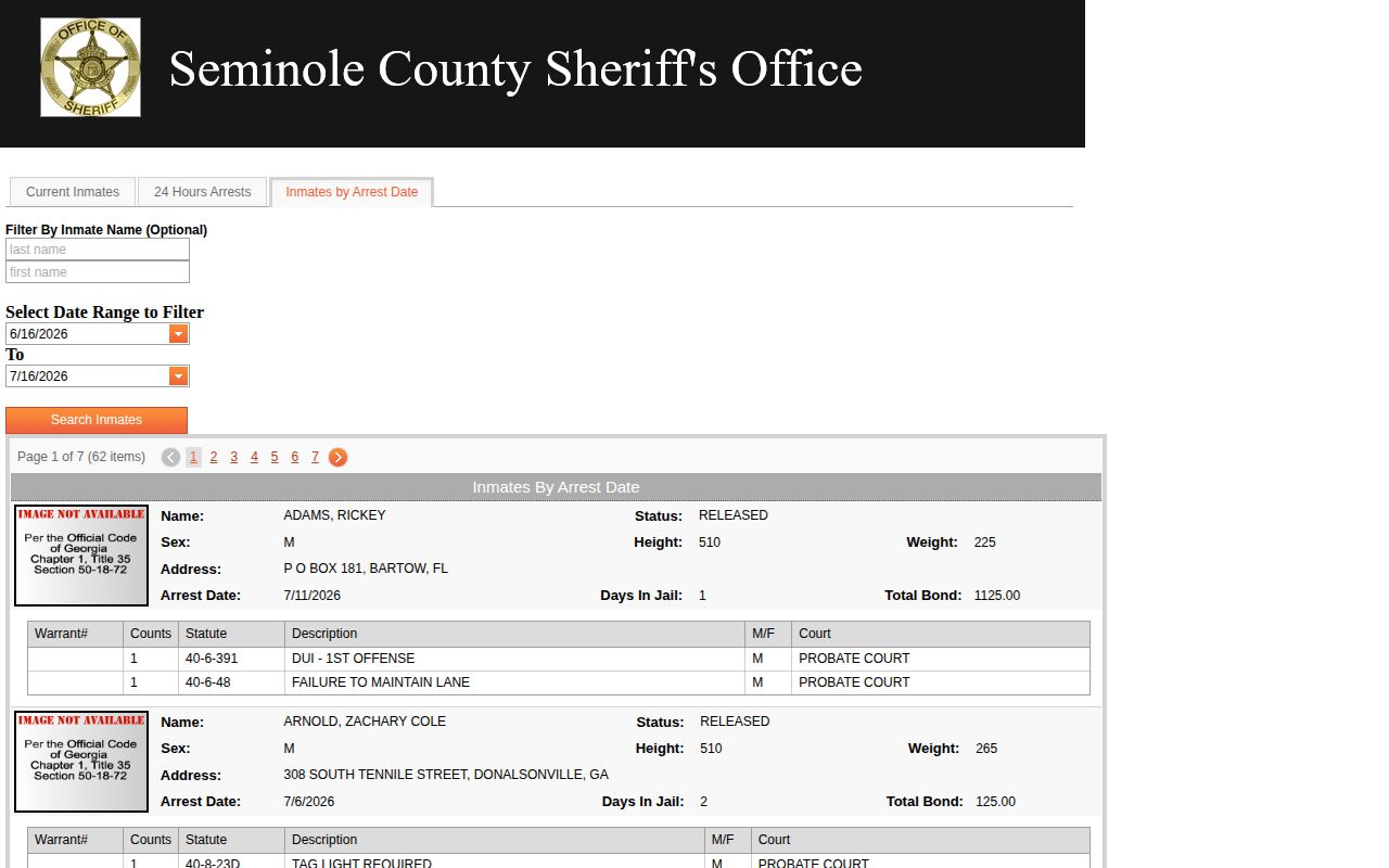 Seminole County arrest-date records showing released and currently booked status