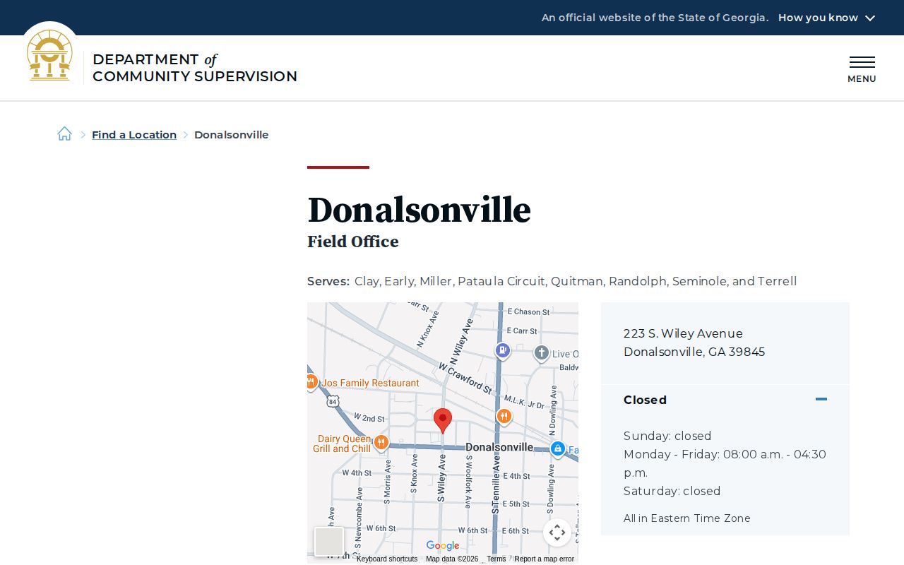 Georgia DCS Donalsonville Field Office page serving Seminole County