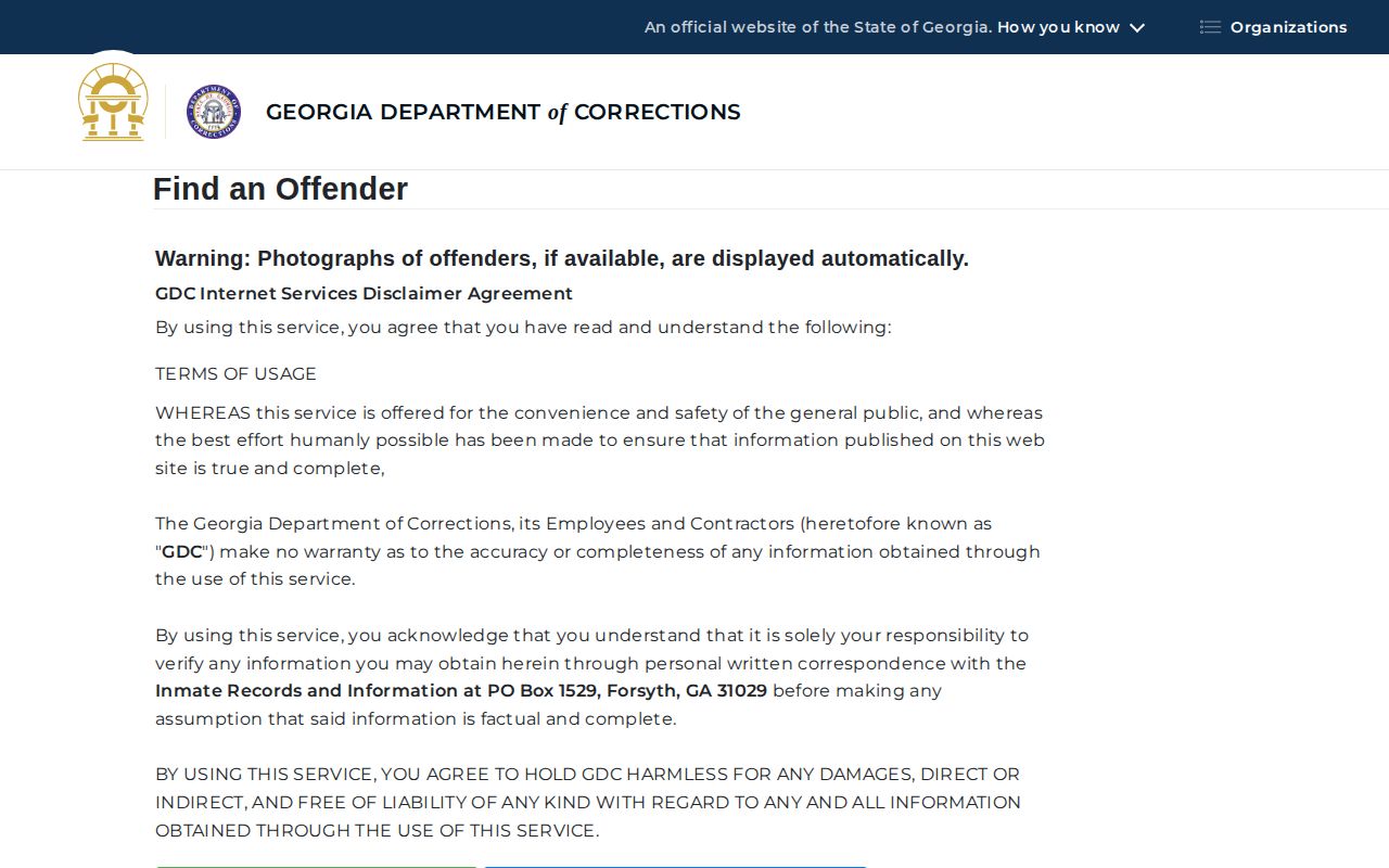 Georgia Department of Corrections query form that can display offender photographs