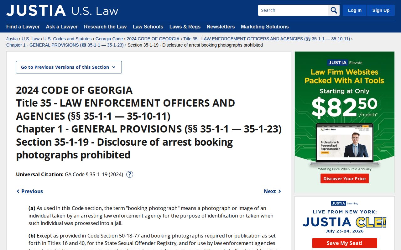 Georgia Code section governing booking photograph requests and posting