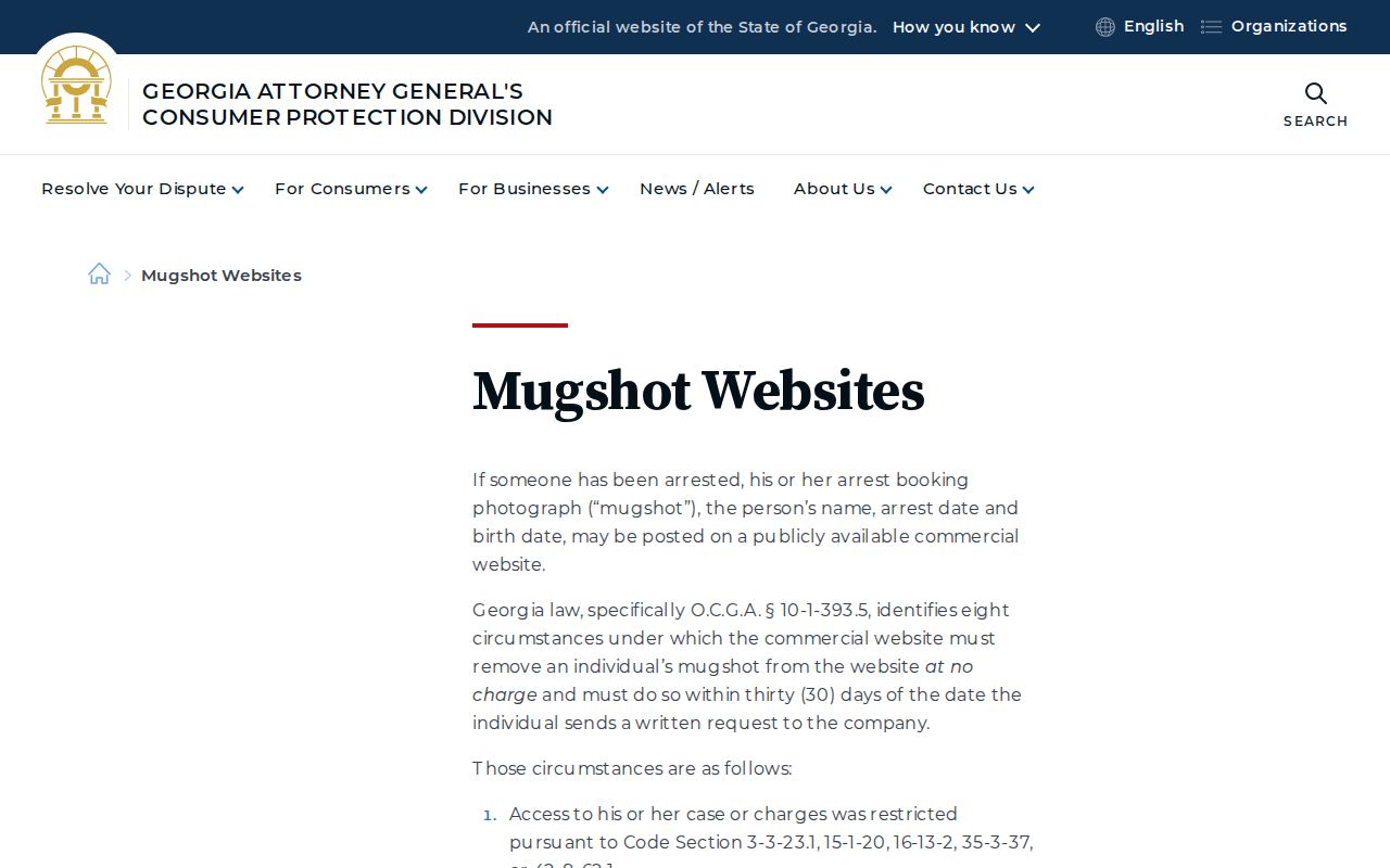 Georgia Attorney General guidance on qualifying mugshot removal requests